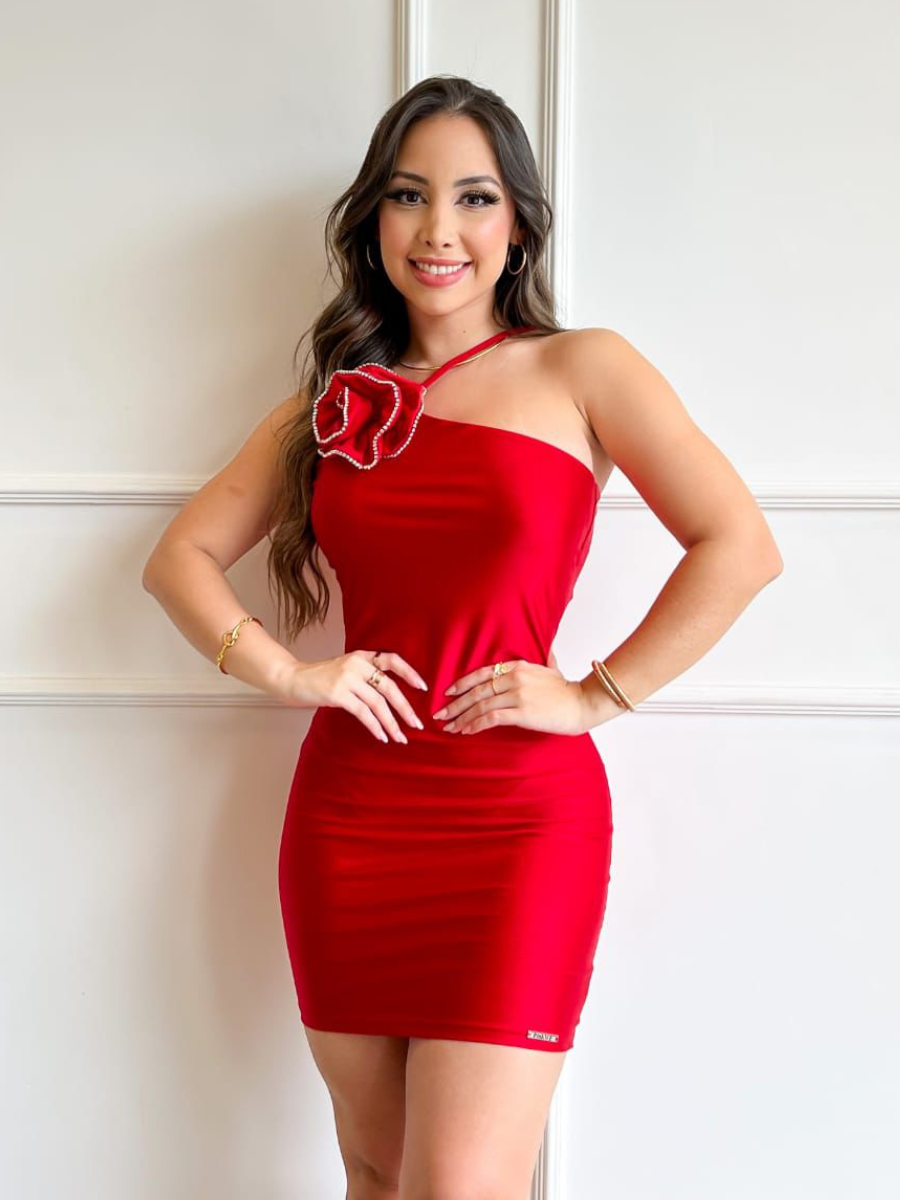 Vestido Curto Tubinho Aplique Removível de Flor Modern Flory